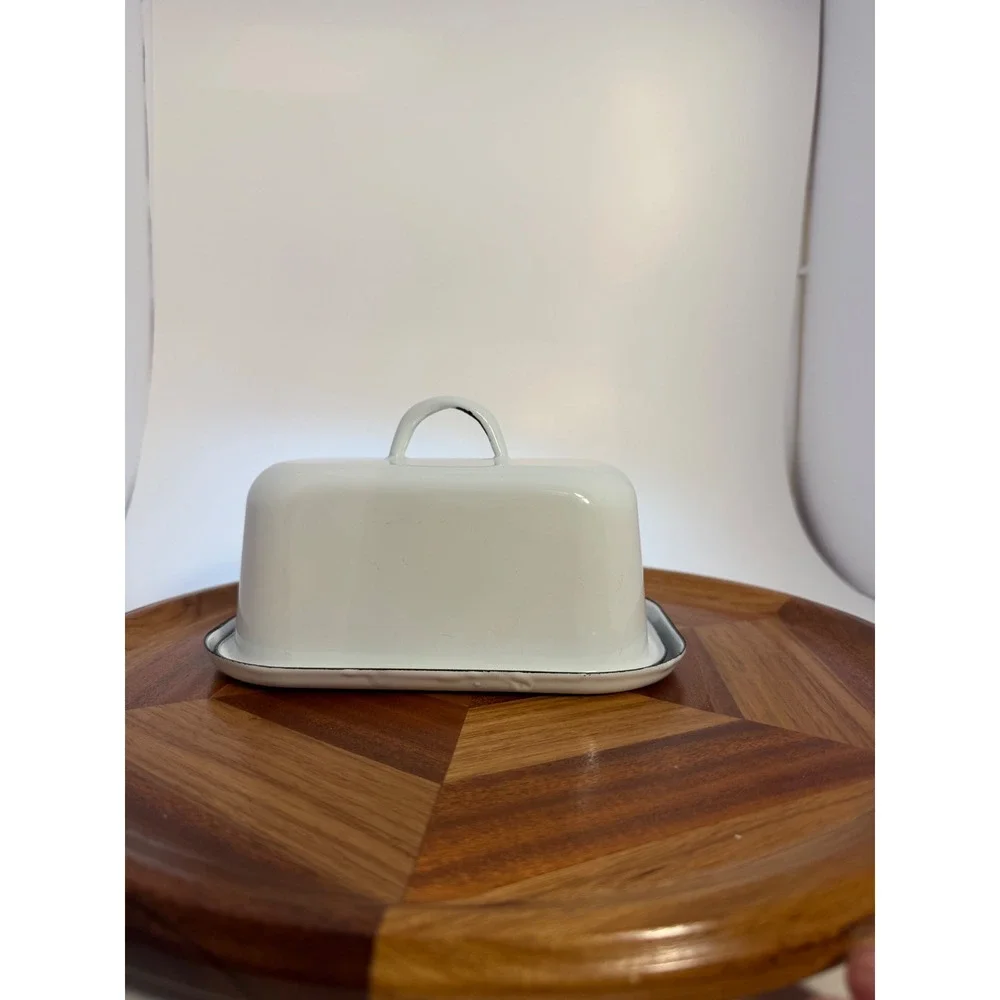 Vintage Farmhouse White Enamel Butter Dish with Lid and Handle Black Rim 6 inch